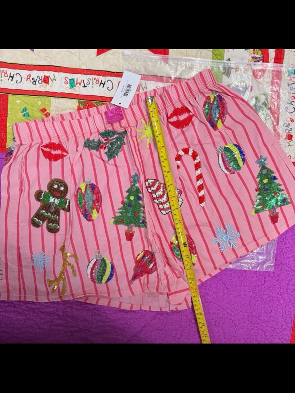 new Pink & Red Stripe Christmas Icons Queen Of Sparkles Cotton Shorts - Picture 3 of 6